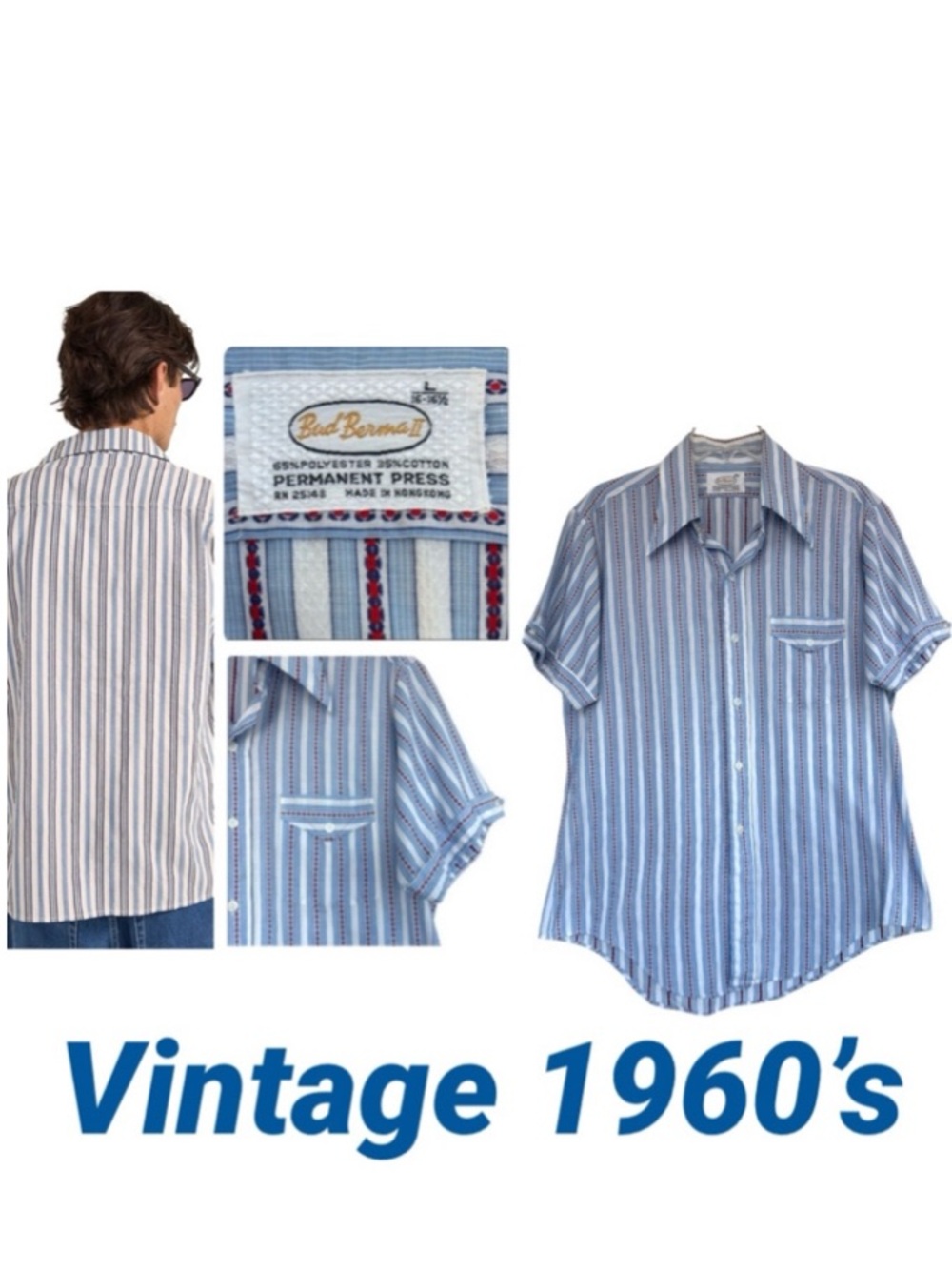 VTG 60s Bud Berma Shirt Casual Cotton Blue Stripe Button-Up Made Hong Kong Retro